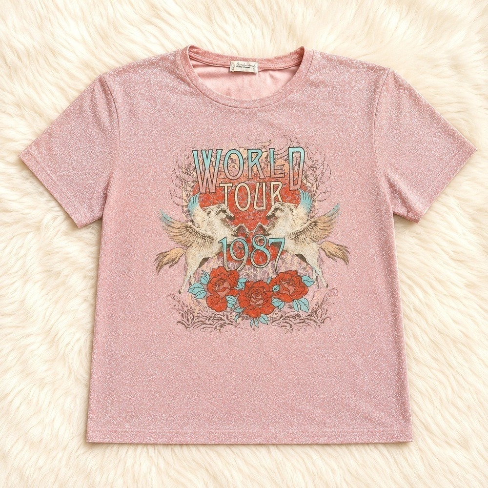 Altar'd State World Tour 1987 Graphic Tee L Pink Shimmer Coquette Y2K Festival